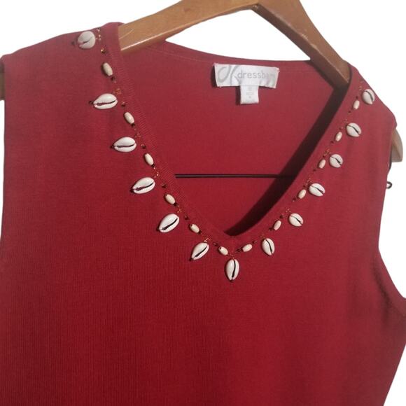 VNTG Dress Barn Red Spun Silk Blend Tank Top Size 10 Seashell Trim Nautical - Picture 3 of 9